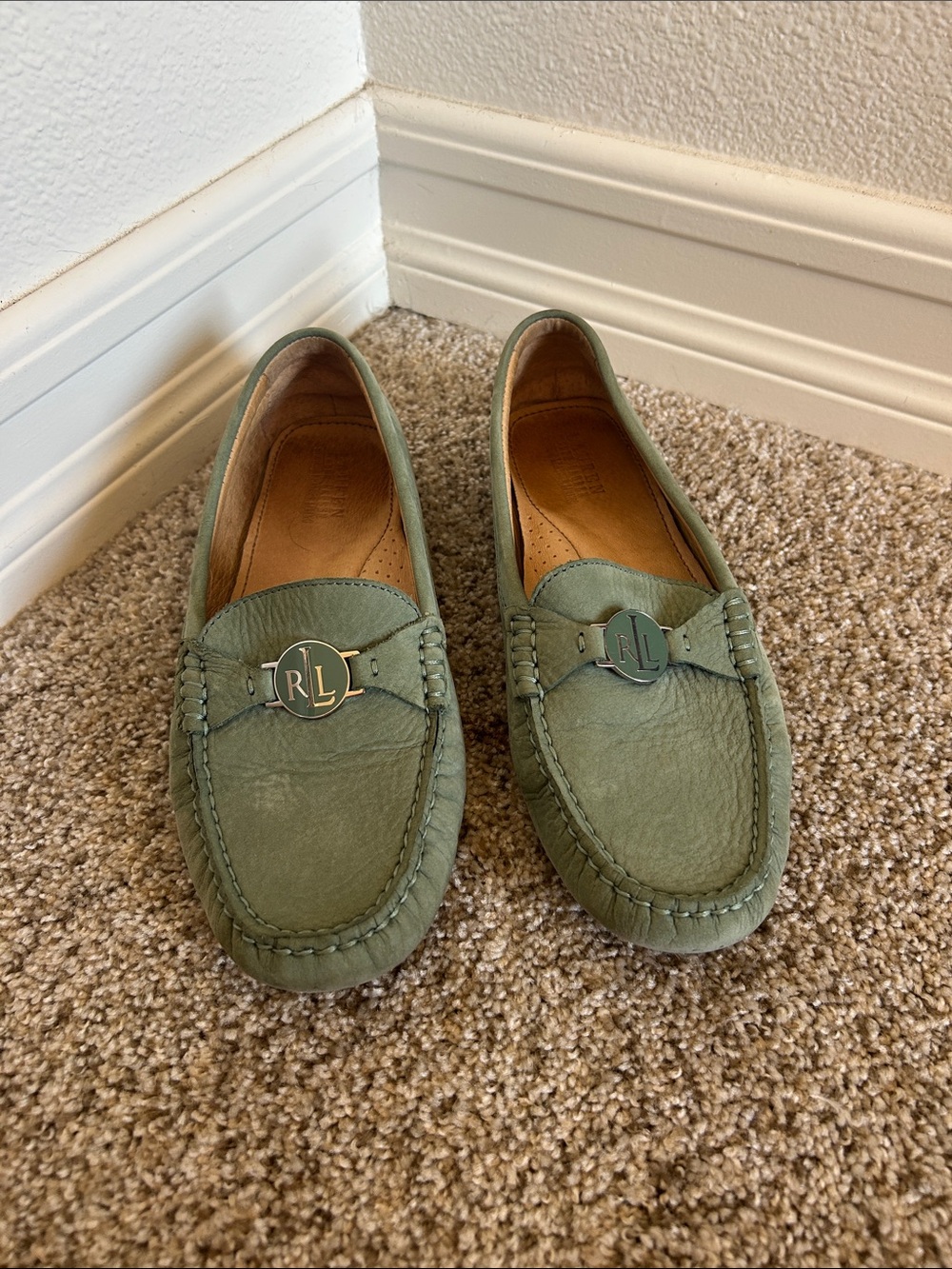 Ralph Lauren Sage Green Leather Loafers with RL Medallion